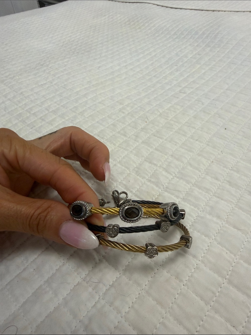 Source Unknown Two-Tone Cable Wire Bracelets with Heart and Gem Accents